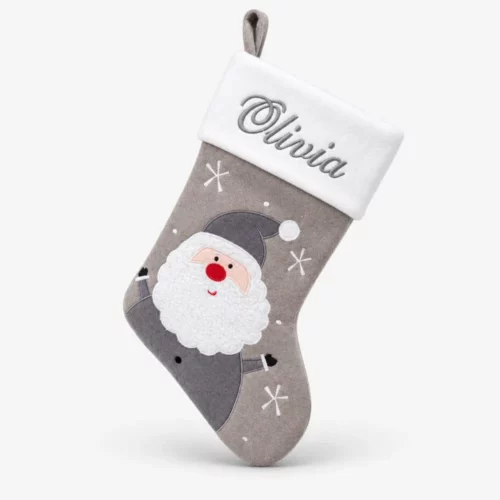Grå tomte julstrumpa med namn, 45 cm