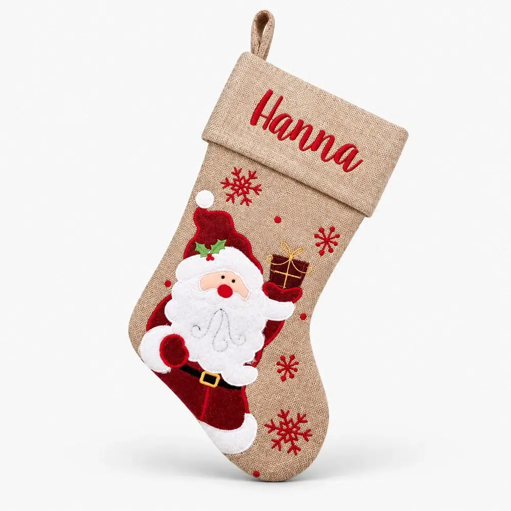 julstrumpa-ljusbrun-tomte Ljusbrun julstrumpa med tomte och namn, 45 cm