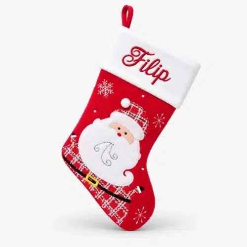 Julstrumpa med namn och röd tomte, 45 cm