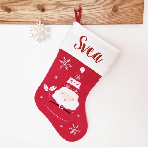 Julstrumpa med namn tomte och snöflingor, 45 cm