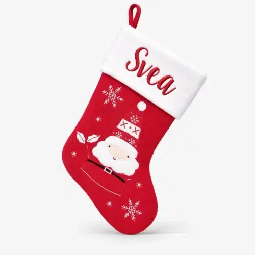 Julstrumpa med namn, tomte och snöflingor, 45 cm