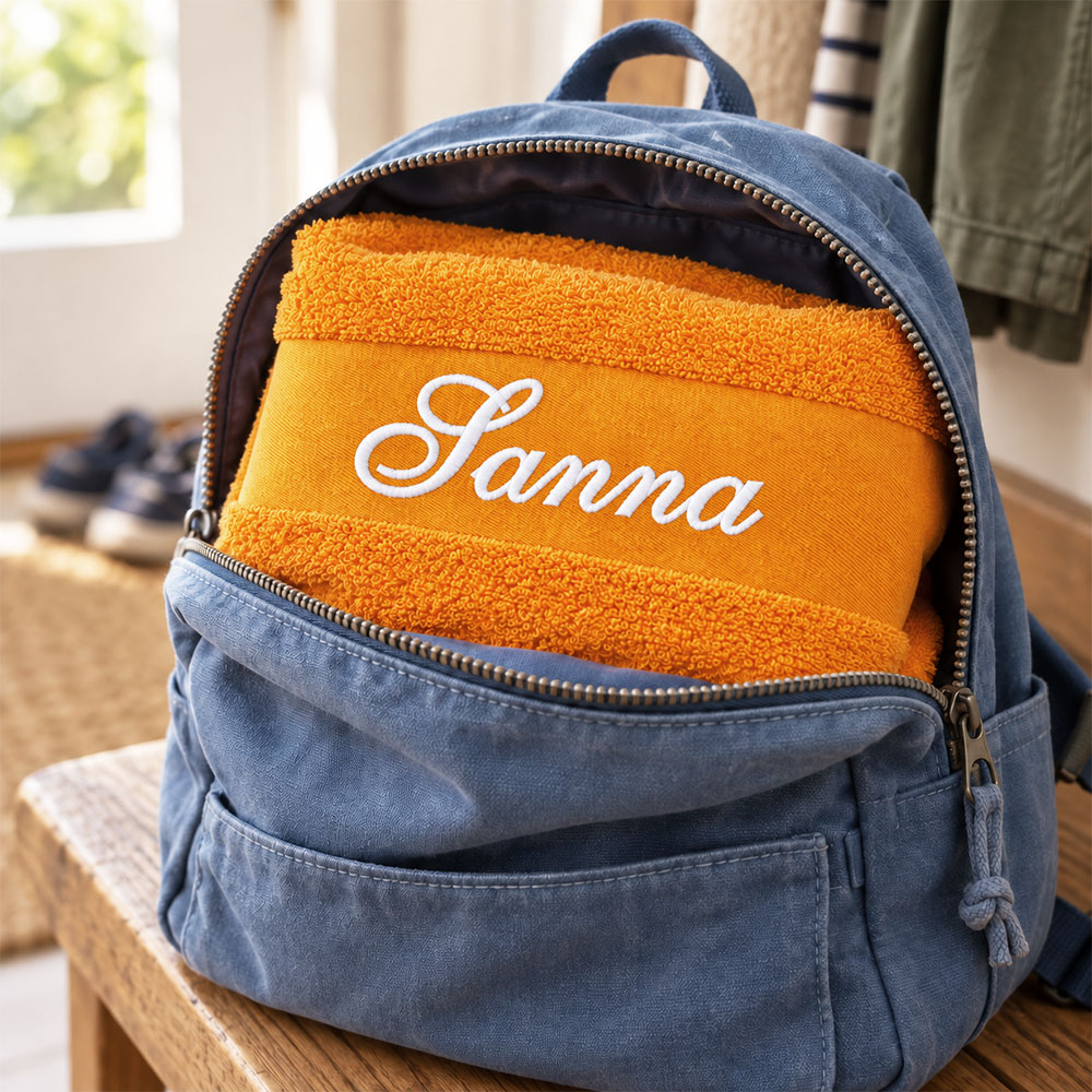 Orange handduk med broderat namn i ryggsäck