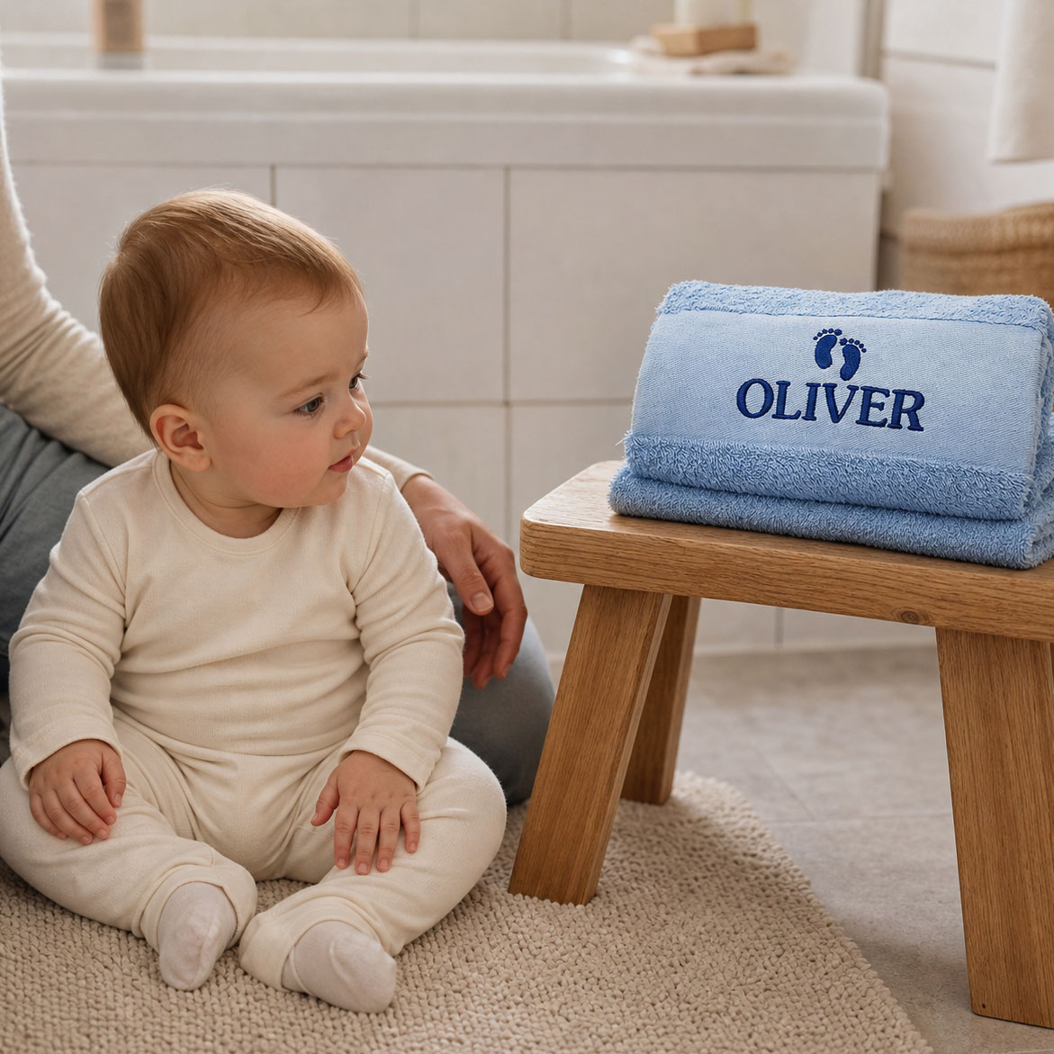 Babyblå handduk med namn broderat, OEKO-TEX