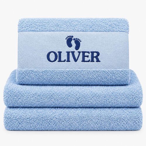 Baby blue towel with name close up image