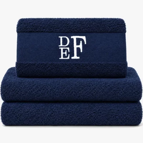 Navy blue personalized towel with embroidered name