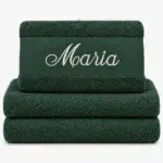 Dark green towel with name embroidered