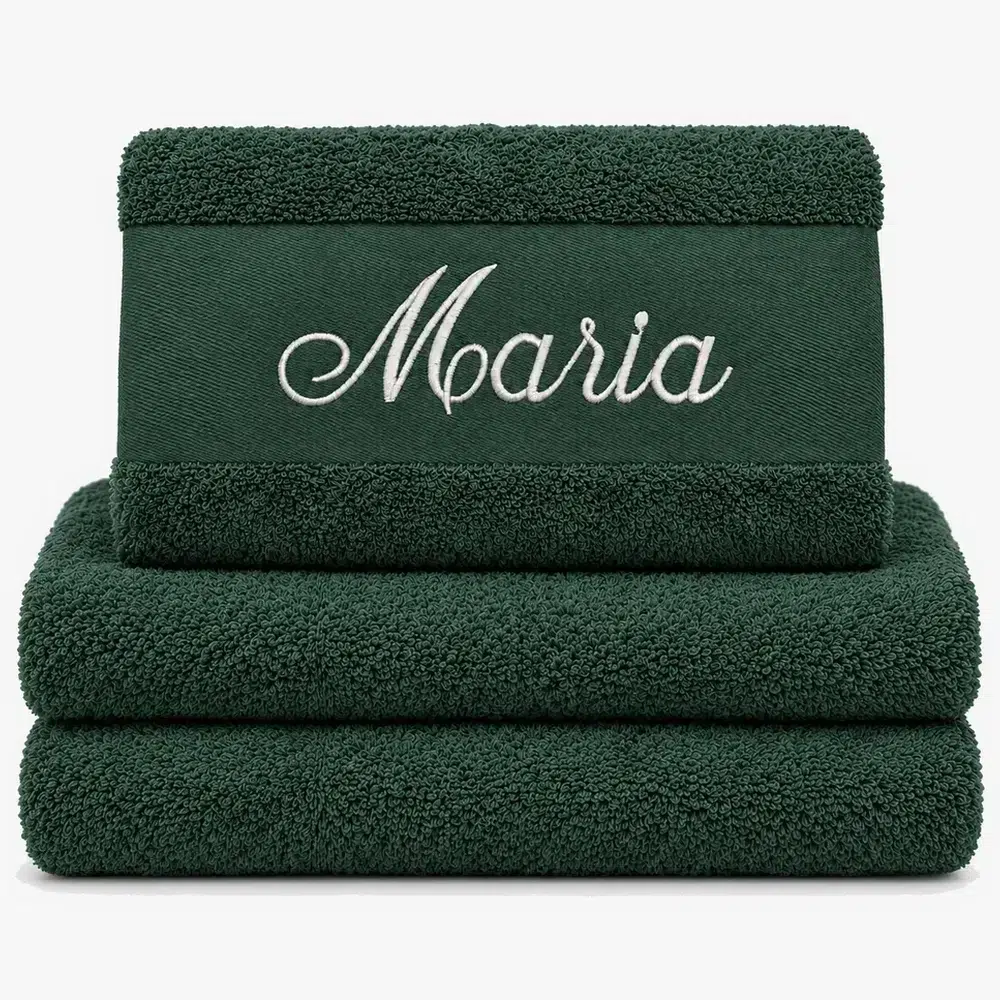 Dark green towel with name embroidered