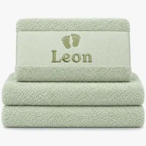 pastel mint colored towel with name embroidered
