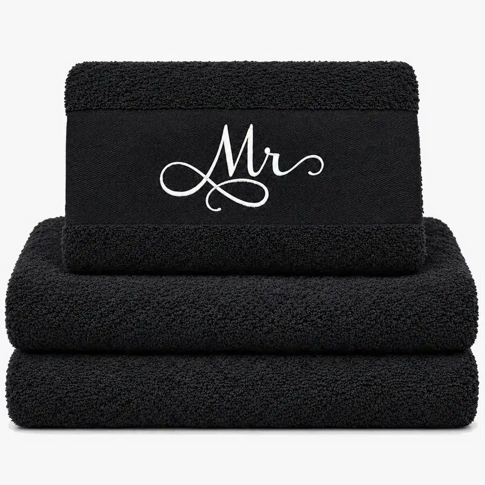 black towel with the names Mr and Mrs