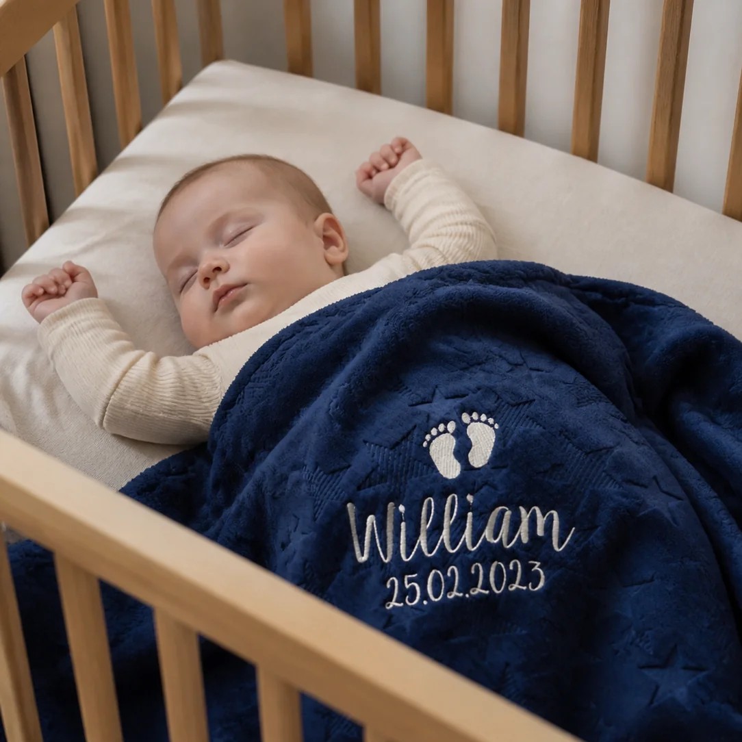 Blå babyfilt med namn broderat i spjälsängen
